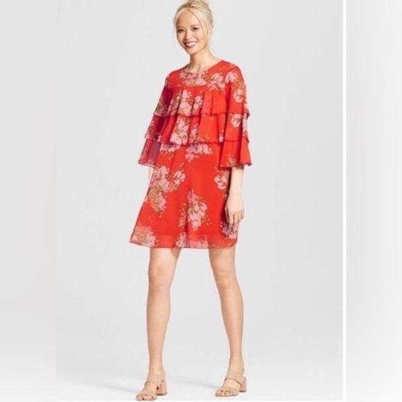 Who What Wear Tiered Ruffle Floral Mini summer Dress Red NWOT - Picture 1 of 9